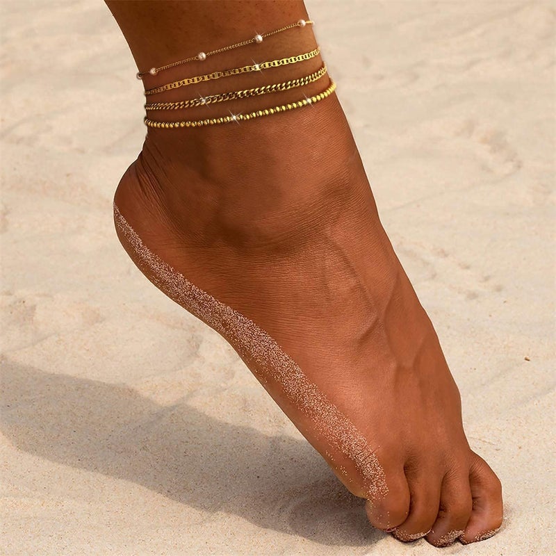MFRYK Gold Ankle Bracelets for women,14k Gold/Silver Plated Waterproof Layered lightweight Cuban Link Figaro Chain Heart anklet butterfly anklet Pearl Ankle Bracelets Set Gold Anklets for women Trendy Jewelry Gift for Women - Image 2